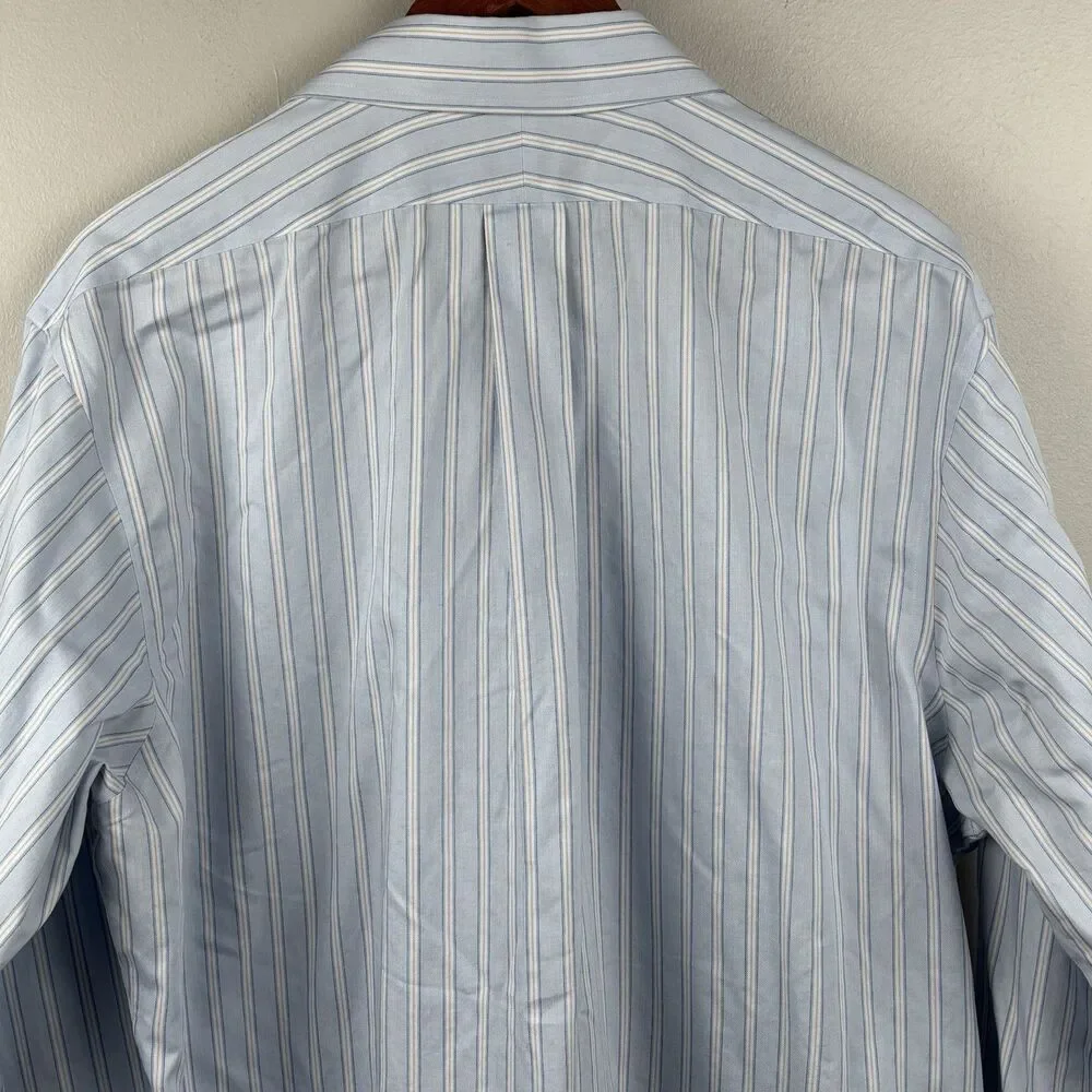 Brooks Brothers Men 17-6/7 Light Blue Striped Dress Shirt Slim Supima Cotton